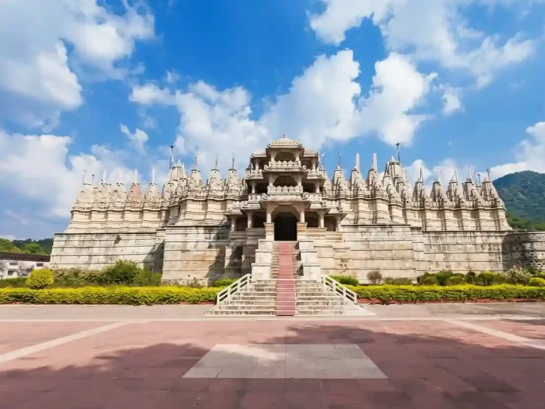 Ranakpur Jain Temple Pali Magnificent white marble architectural marvel featuring 1,444 uniquely carved pillars and five soaring spires Rajasthan.