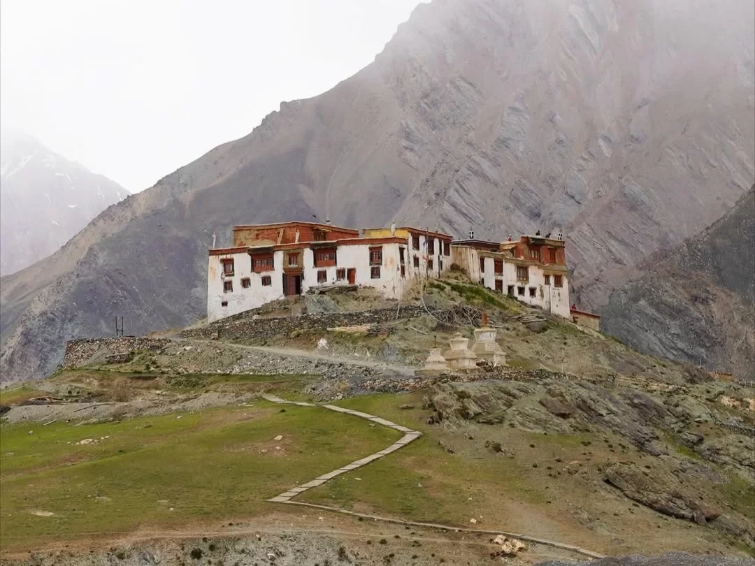 Rangdum Monastery, remote Buddhist monastery in Suru Valley, Ladakh surrounded by dramatic Himalayan mountains.