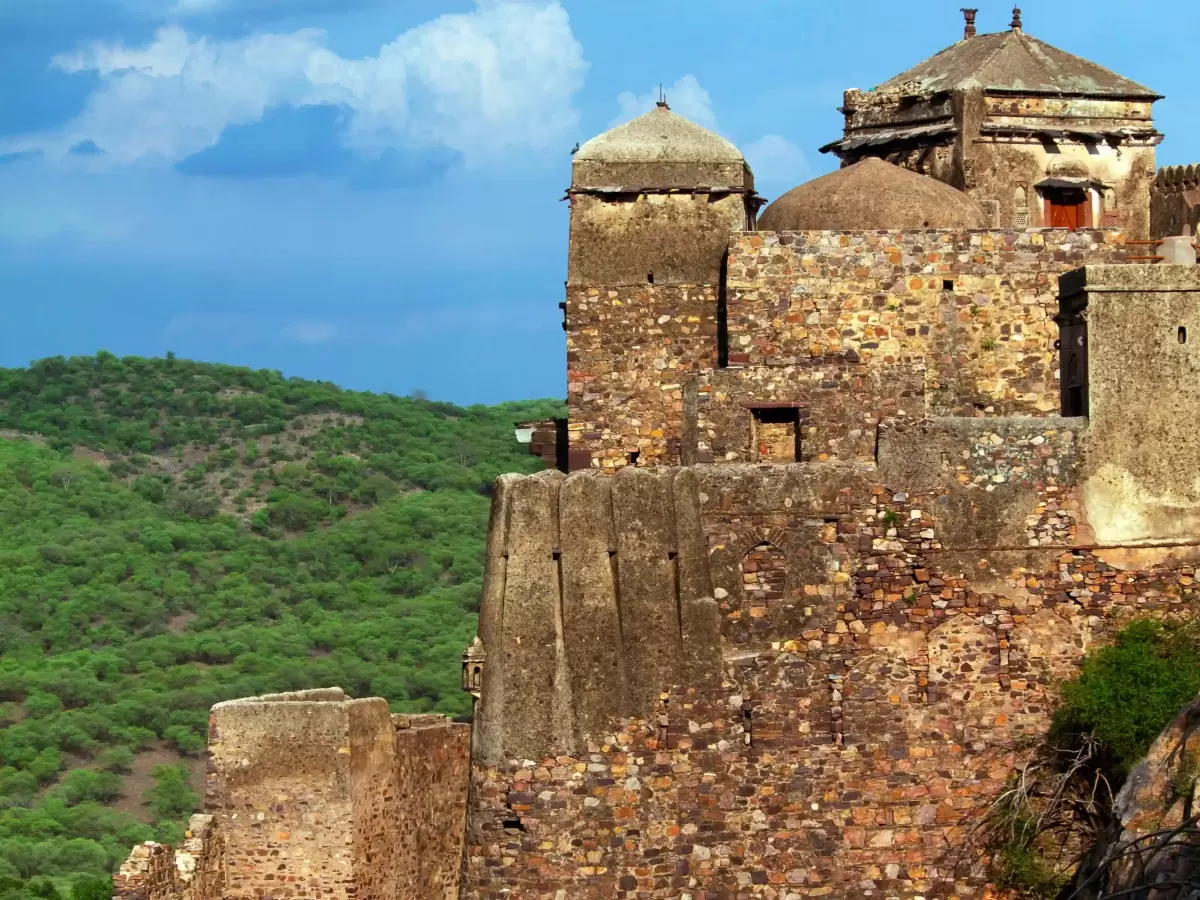 Ranthambore Fort Sawai Madhopur Massive UNESCO World Heritage hilltop fortress featuring ancient temples, grand gates, and a panoramic view of the Ranthambore Tiger Reserve Rajasthan.