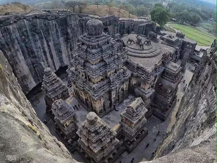 Rashtrakuta Era Shri Kailasa Temple Ellora. UNESCO World Heritage rock-cut temple carved from a single monolithic rock.