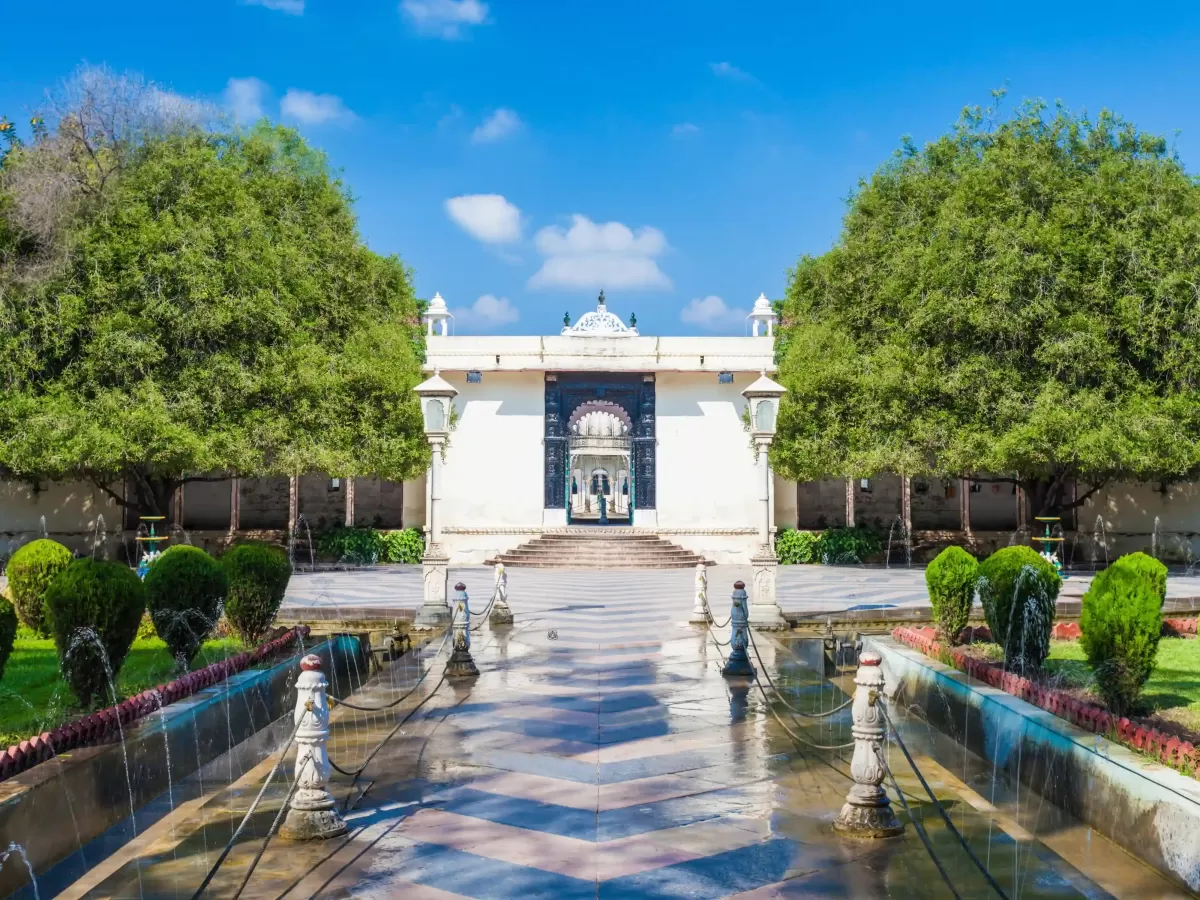 Saheliyon Ki Bari Udaipur Ornamental 18th-century "Garden of the Maidens" featuring lotus pools, marble elephants, and multiple rhythmic fountains Rajasthan.