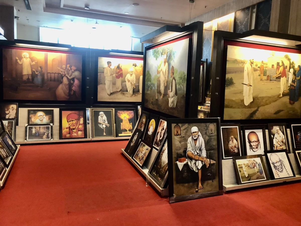 Sai Baba's Art Gallery Shirdi. Paintings and portraits depicting life events of Shri Sai Baba in a spiritual museum setting.