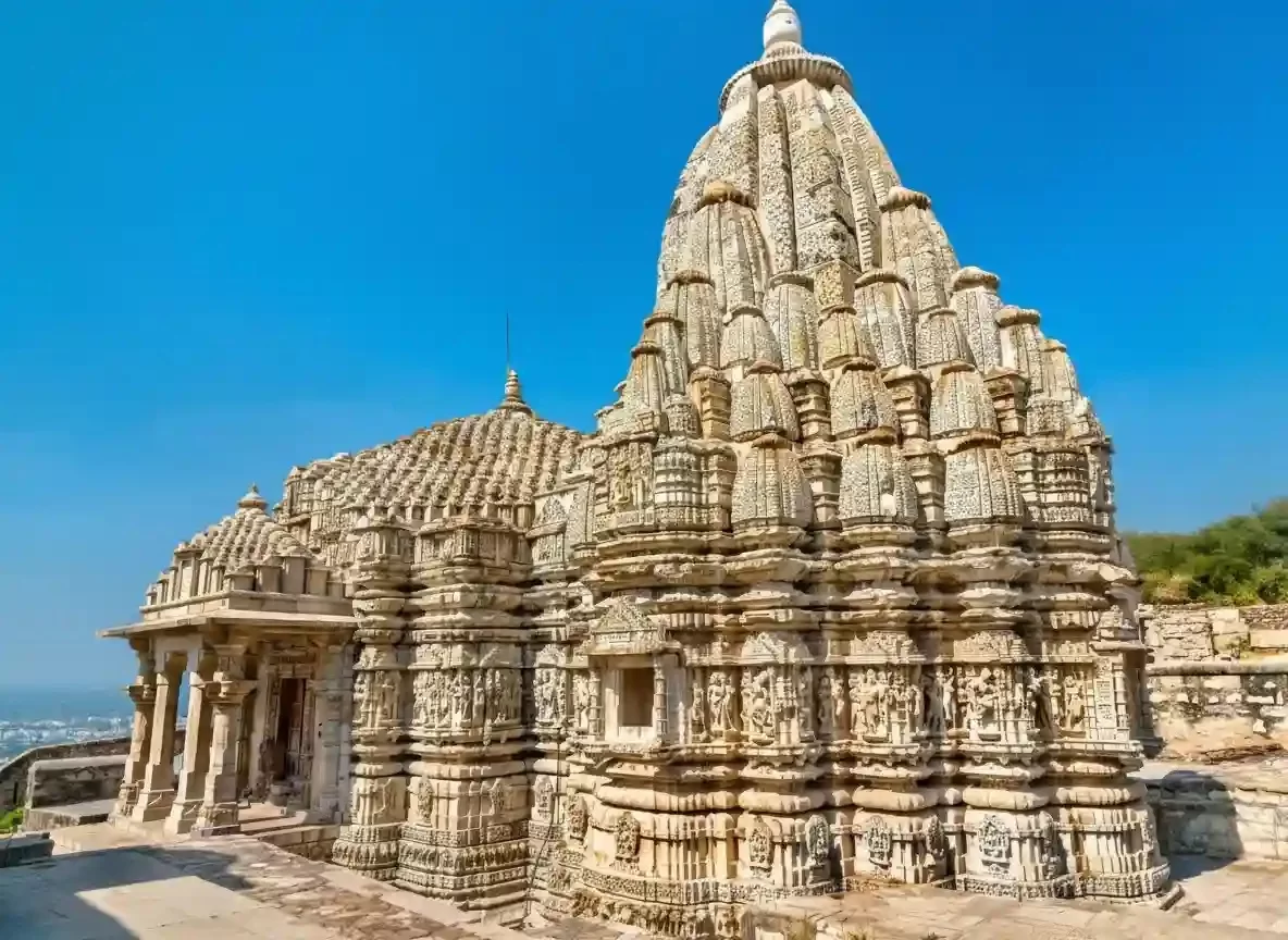 Samadhisvara Mahadev Temple Chittorgarh Ancient 11th-century Shaivite shrine inside Chittorgarh Fort featuring a triple-headed Shiva idol and intricate exterior stone carvings Rajasthan.