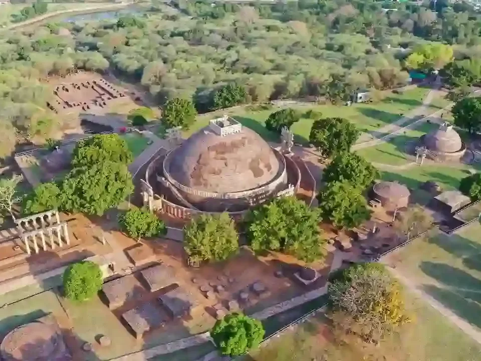 Sanchi Hilltop Gardens aerial view of Sanchi Stupa complex and landscaped grounds in Madhya Pradesh tour packages