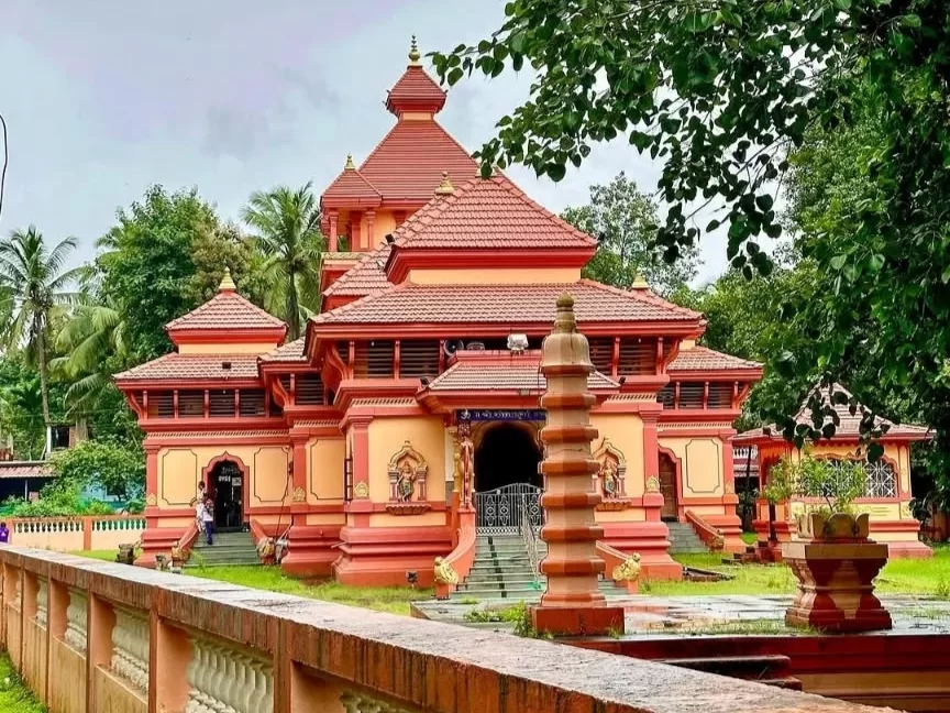 Shanta Durga Temple Goa vibrant Hindu temple with red-tiled roofs and traditional Goan temple architecture