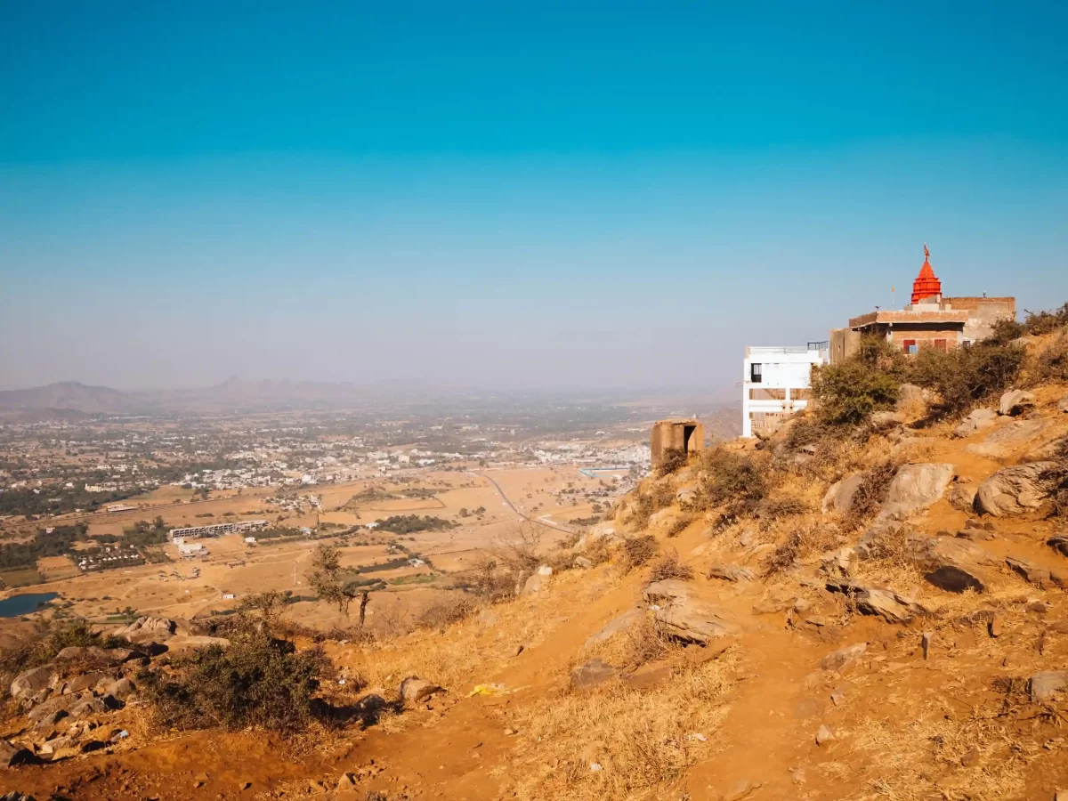 Shree Savitri Mata Temple Pushkar Hilltop Hindu shrine dedicated to the goddess Savitri, featuring a modern ropeway and panoramic views of the Pushkar Lake and desert Rajasthan.