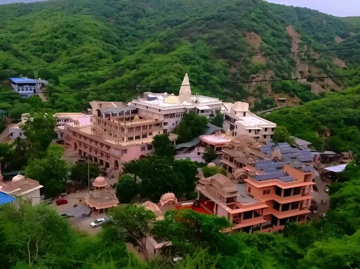 Shri Khole Ke Hanuman Ji Temple Jaipur Massive 1960s hillside shrine dedicated to Lord Hanuman featuring white marble architecture and scenic valley views Rajasthan.