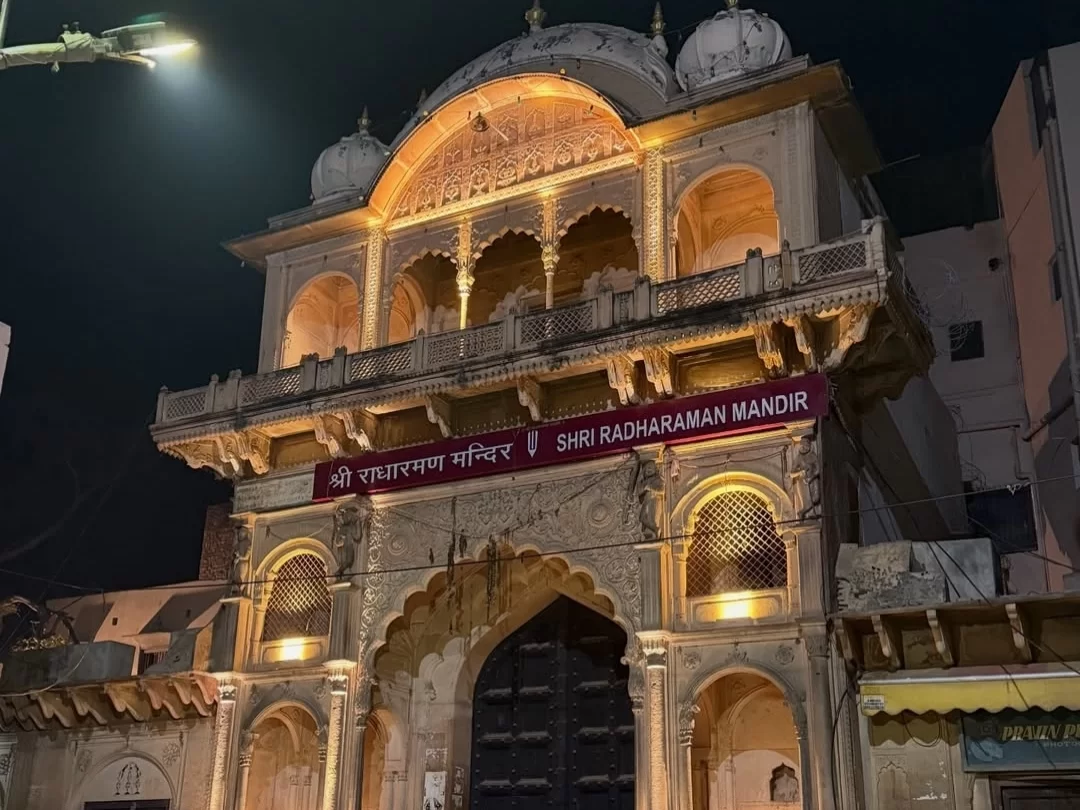Shri Radha Raman Temple Vrindavan illuminated marble facade at night, famous Krishna temple Uttar Pradesh