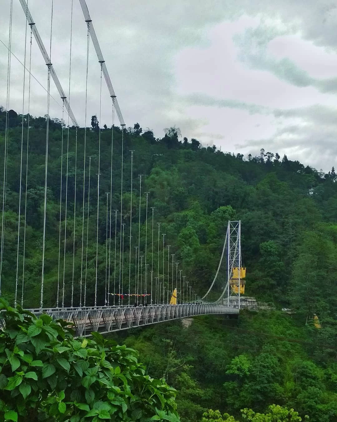 Suspension bridge view at Singshore Bridge Pelling on cloudy day, featuring lush green hills and valley, perfect adventure Sikkim tour package.