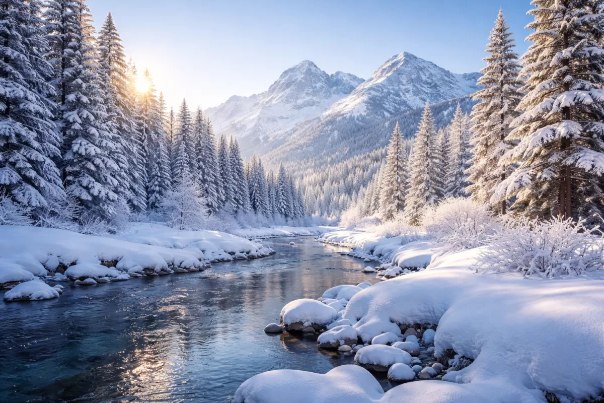 A breathtaking winter landscape featuring a crystal-clear river flowing through a snow-covered forest and valley. Towering evergreen trees and jagged mountain peaks are blanketed in white, illuminated by a golden sunrise. This serene scene captures the es