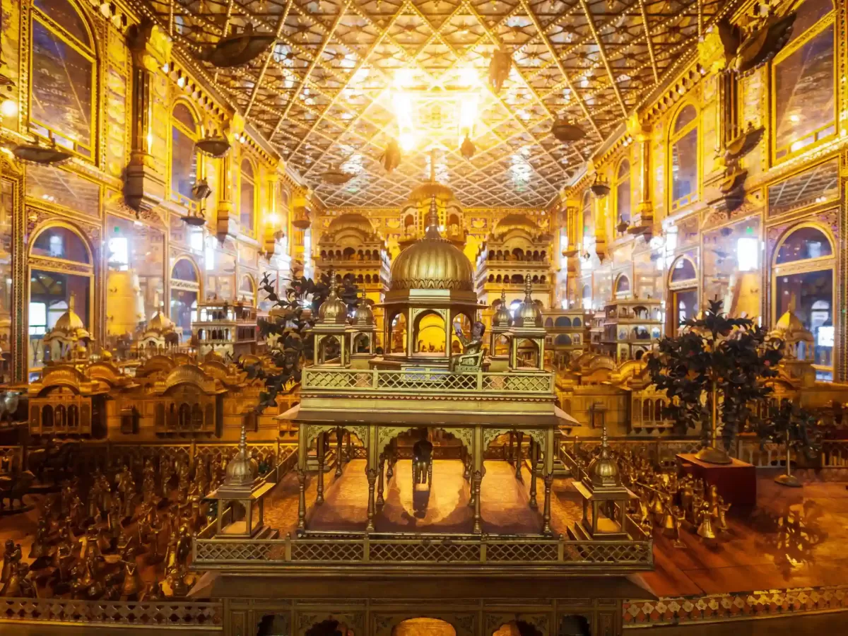 Soni Ji Ki Nasiya Jain Temple Ajmer Spectacular 19th-century "Red Temple" featuring the "City of Gods," an ornate gold-plated wooden model depicting the celestial world of Jainism Rajasthan.