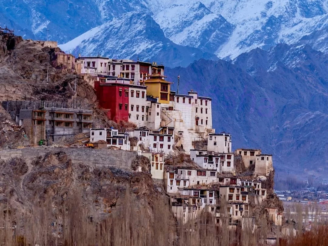 Spituk Gompa Leh Ladakh multi-colored monasteries cliffside snowy Himalayas blue skies barren landscape, perfect spiritual monastery tour package. 