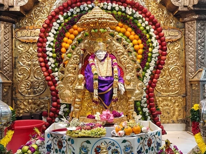 Sri Naga Sai Mandir, beautifully decorated Shirdi Sai Baba temple with golden altar and floral offerings in Coimbatore