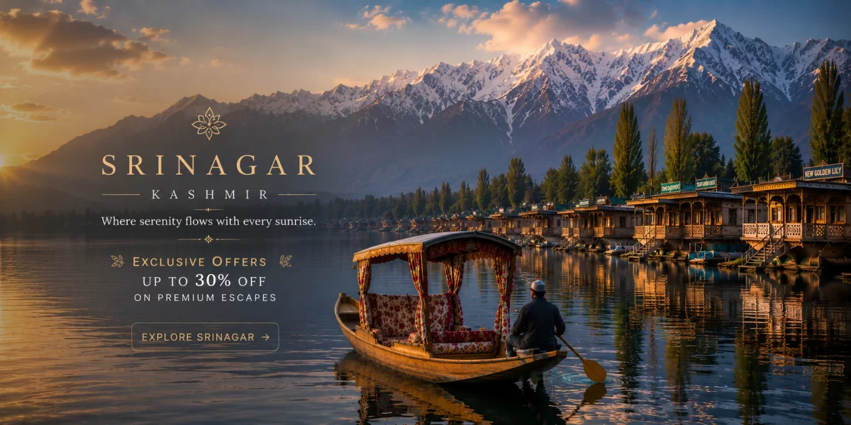 Traditional Kashmiri shikara boat floating on Dal Lake with luxury wooden houseboats, sunset reflections, and snow-covered Himalayan mountains in scenic Srinagar Kashmir.