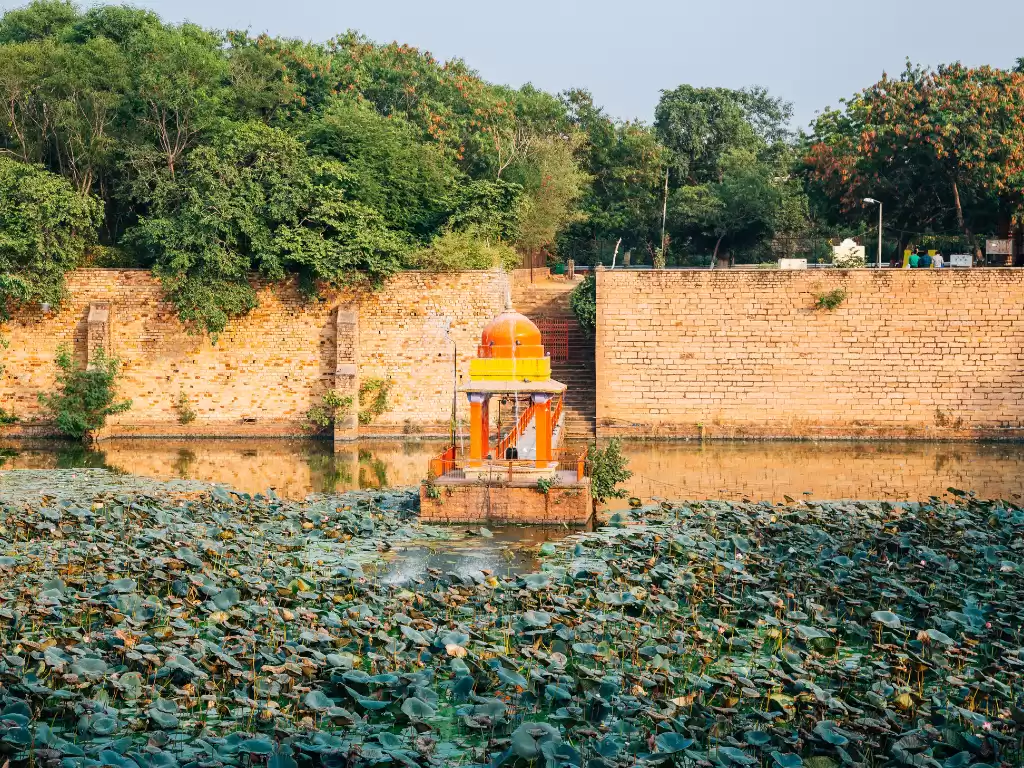 Suraj Kund at Gwalior Fort during golden hour, featuring orange temple amid lotus blooms and reflections, perfect heritage experience with Madhya Pradesh tour packages.