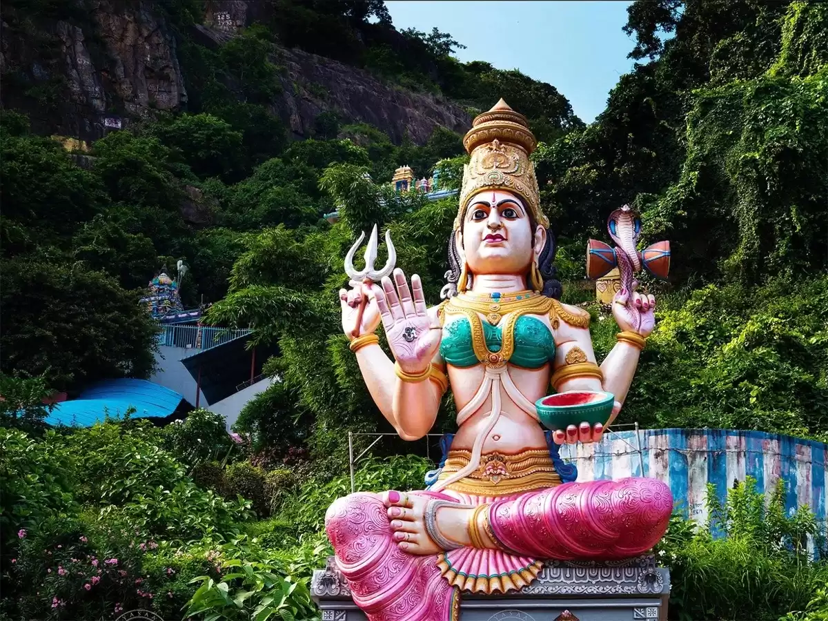 Thalupulamma Talli Temple, hilltop Hindu shrine with colorful goddess statue near Tuni, Andhra Pradesh.