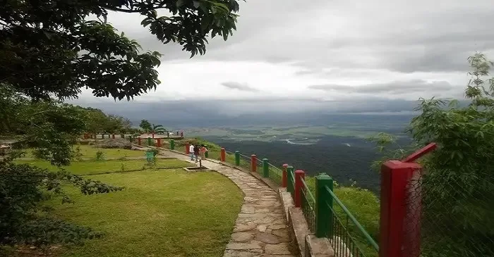 Thangkharang Park in Cherrapunji, Meghalaya, offering scenic viewpoints with manicured gardens and panoramic views of the Bangladesh plains below.