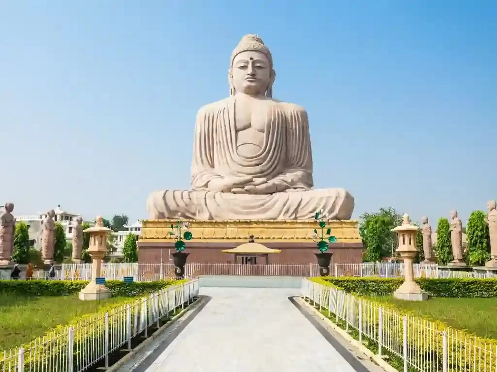 The Great Buddha Statue Bodh Gaya towering 80-foot seated Buddha sculpture, iconic spiritual landmark and major pilgrimage site in Bihar, India.