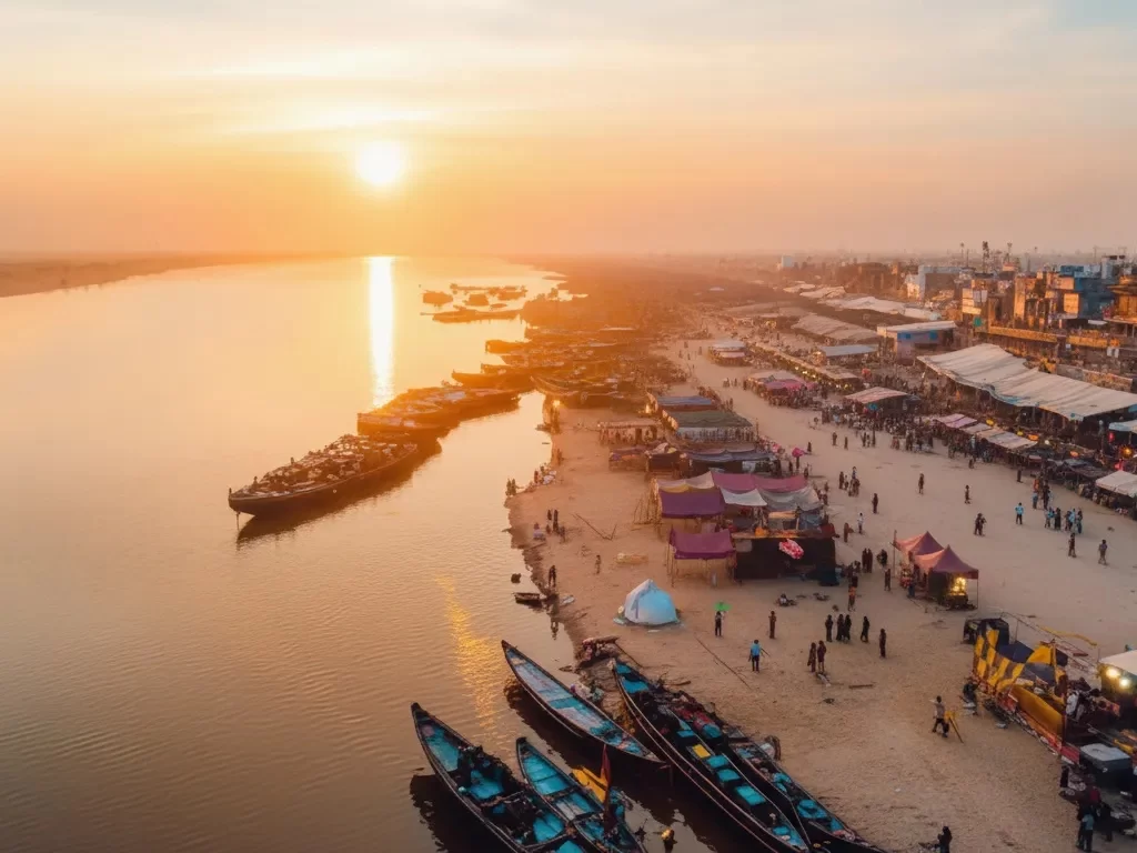 Triveni Sangam Prayagraj sacred confluence of Ganga, Yamuna and mythical Saraswati rivers, major Hindu pilgrimage site and Kumbh Mela venue in Uttar Pradesh.