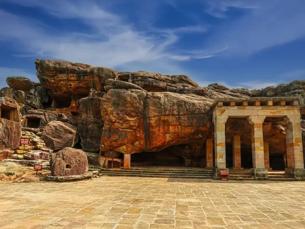 Khandagiri Caves, ancient Jain rock cut caves in Bhubaneswar, Odisha showcasing historic inscriptions and sculptures.