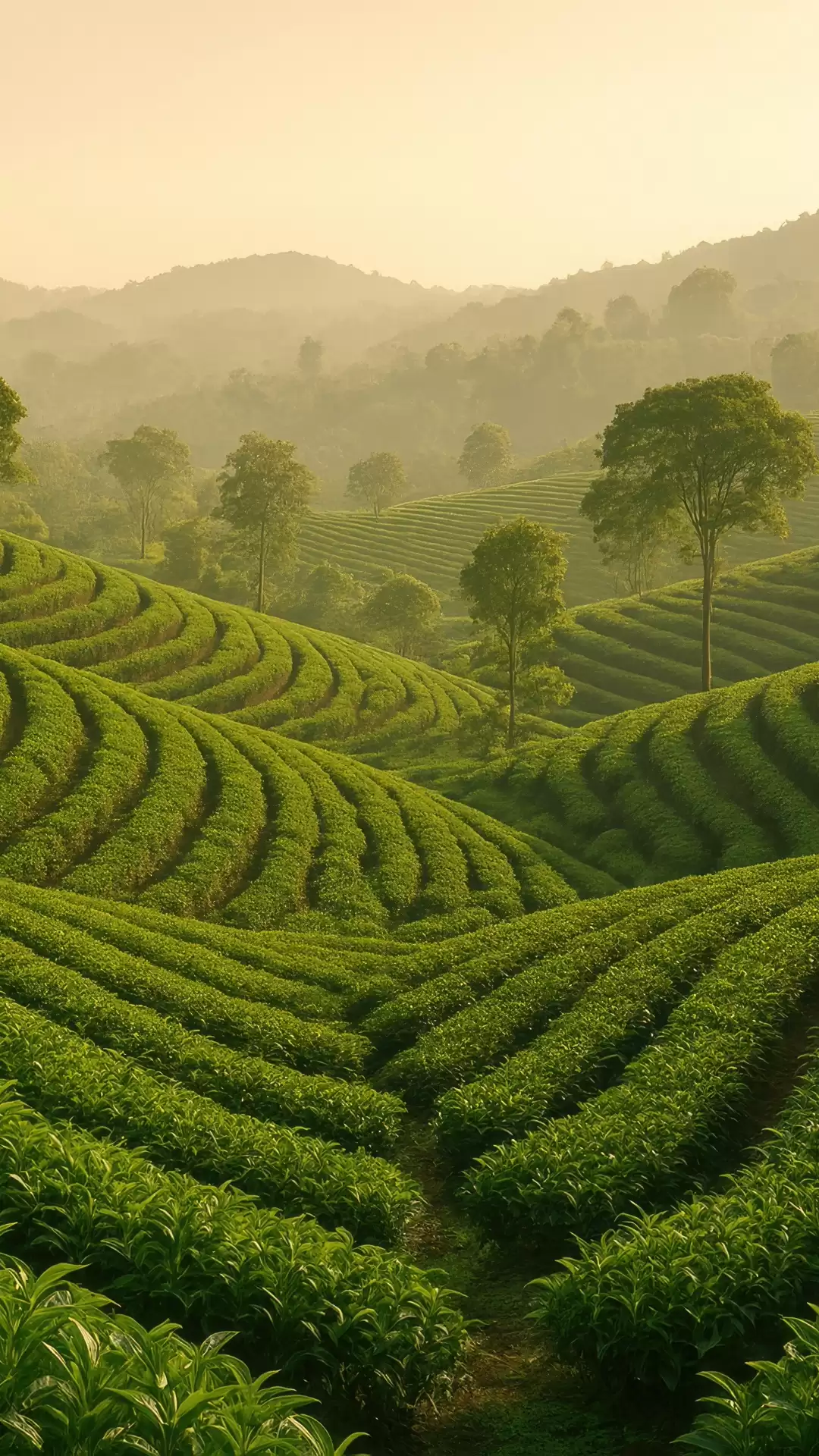 Beautiful terraced tea gardens stretching across misty hills in Darjeeling at sunrise, a signature landscape featured in West Bengal tour packages.