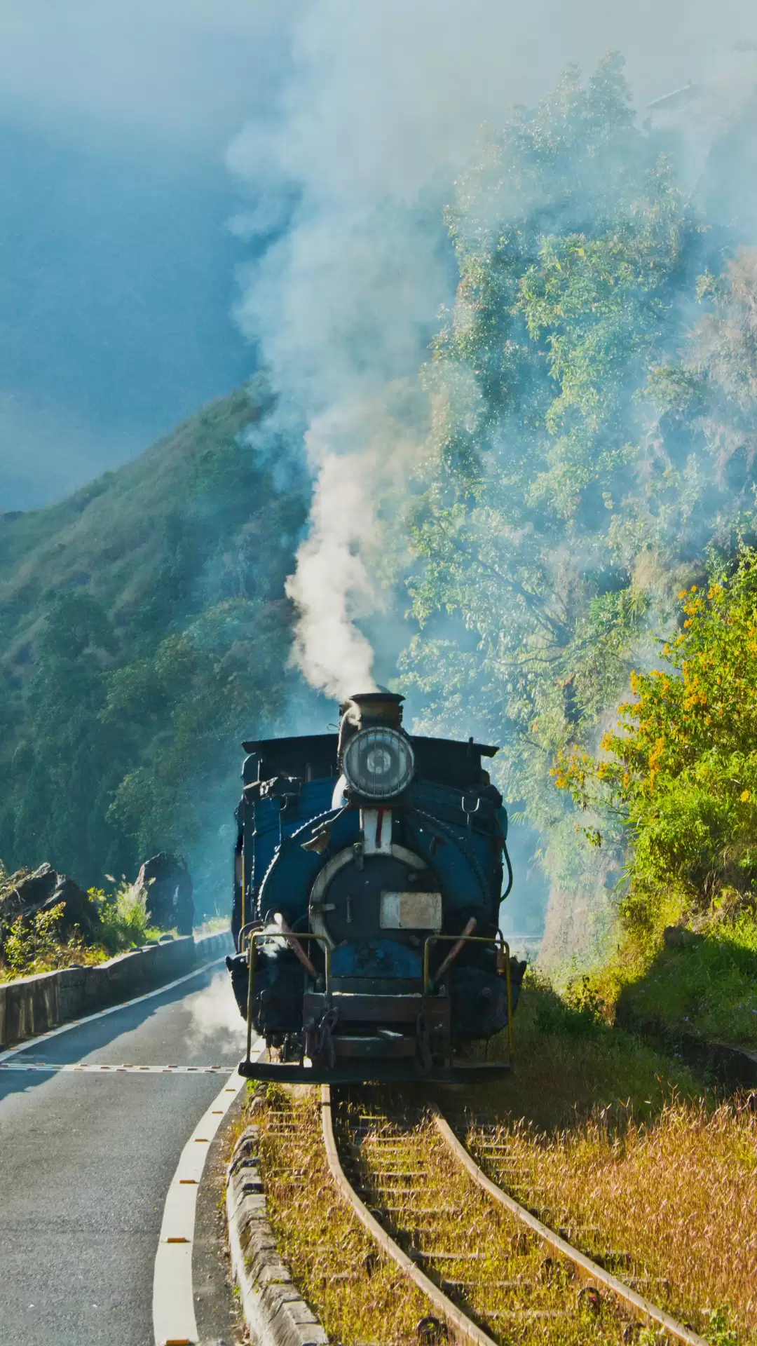 Darjeeling Himalayan Railway steam locomotive moving through lush mountain landscape, a heritage experience included in West Bengal tour packages.