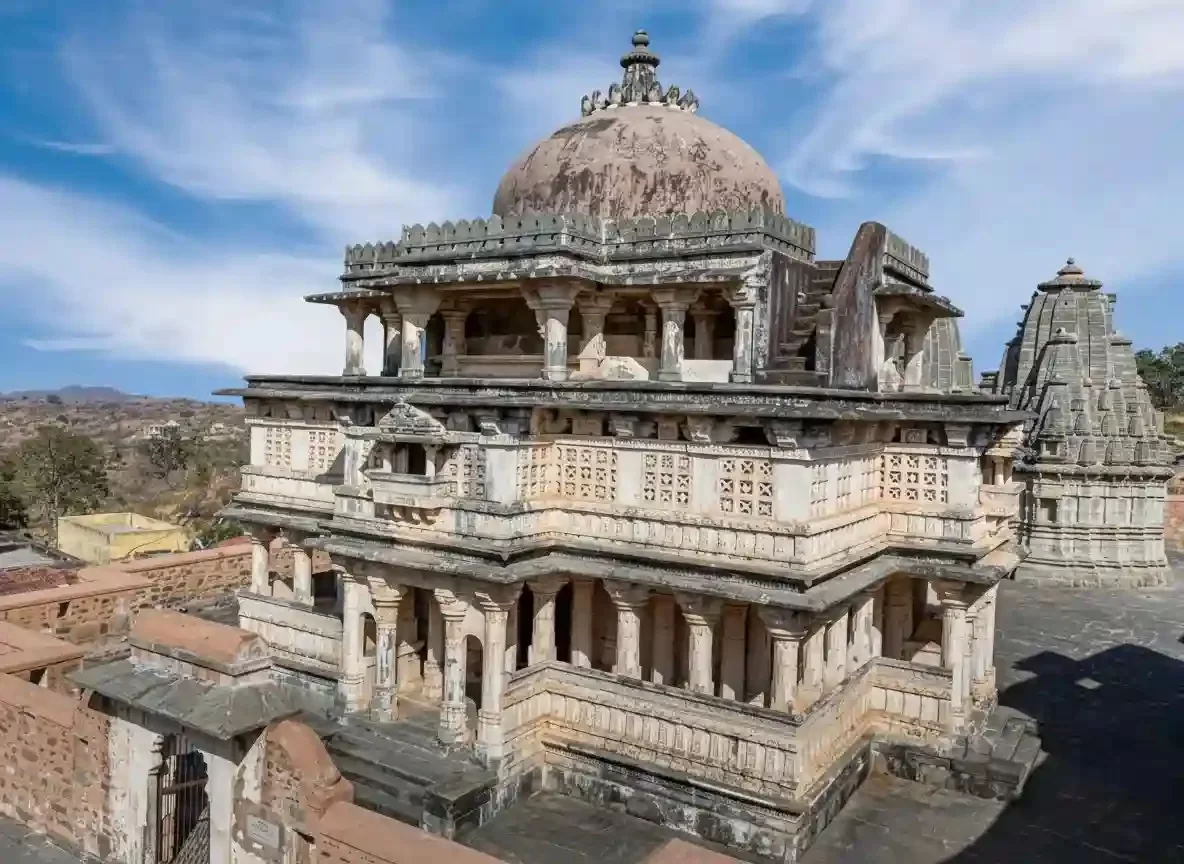 Vedi Temple Kumbhalgarh Three-story 15th-century sacrificial shrine featuring thirty-six intricately carved pillars and a massive dome, built by Rana Kumbha inside Kumbhalgarh Fort Rajasthan.