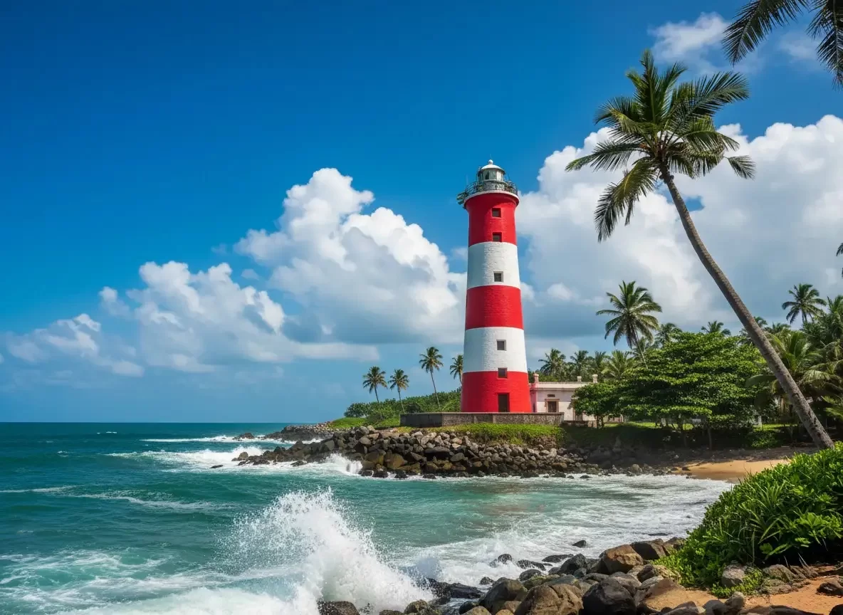 Vizhinjam Lighthouse, iconic red and white coastal lighthouse in Kovalam near Thiruvananthapuram, Kerala.