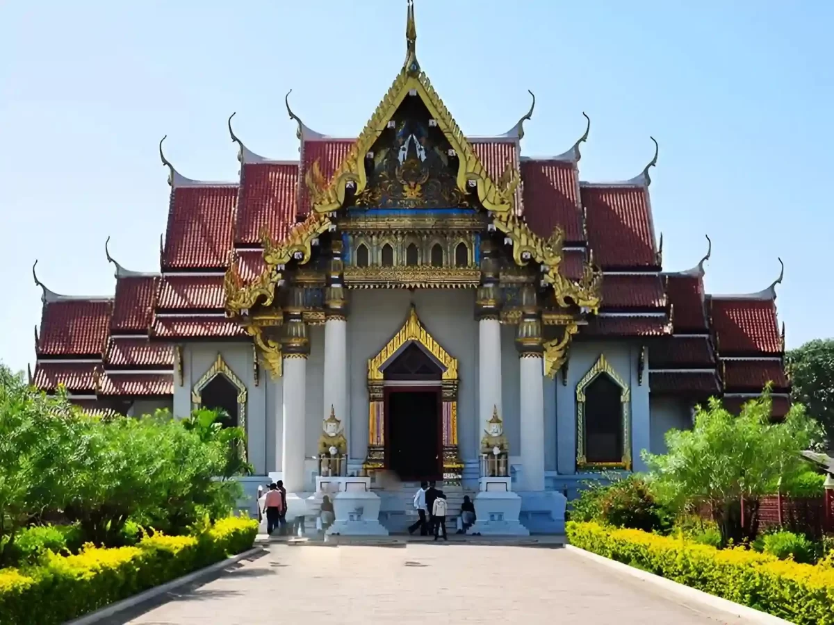 Wat Thai Buddhagaya Temple Bodh Gaya elegant Thai-style Buddhist monastery, known for golden roof architecture, serene gardens, and peaceful meditation atmosphere in Bihar.