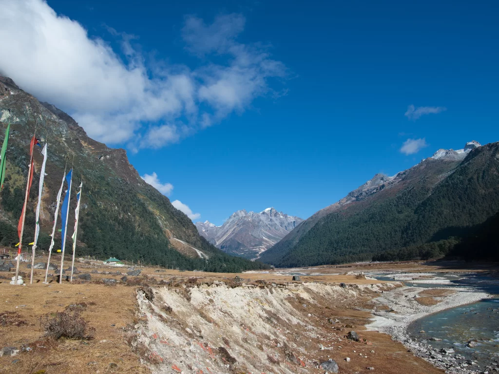 Prayer flags at Yumthang Valley Sikkim framing turquoise river valley with pine forests and snow peaks under blue sky, perfect adventure North Sikkim tour package. Valley