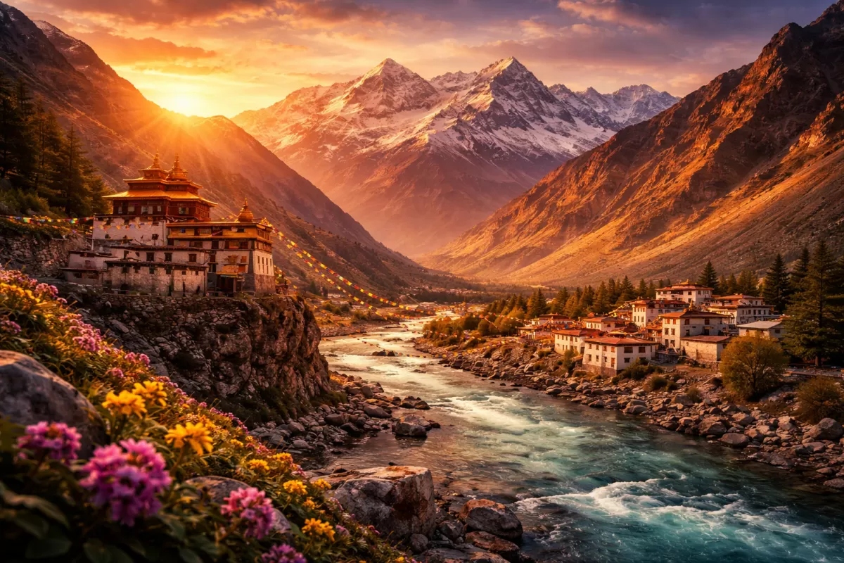 Sunrise over the ancient Zanskar Monastery in Ladakh, perched dramatically above the rushing Zanskar River and surrounded by towering Himalayan peaks—a breathtaking highlight of Ladakh tour packages