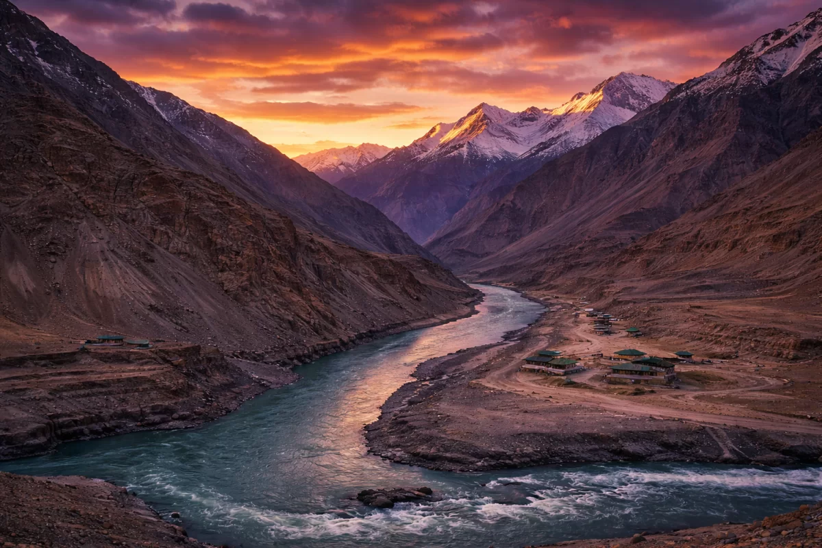 A dramatic sunset over the turquoise Zanskar River on a Zanskar tour package, featuring a winding river valley nestled between steep, rugged mountains and snow-capped Himalayan peaks under a glowing orange and purple sky.