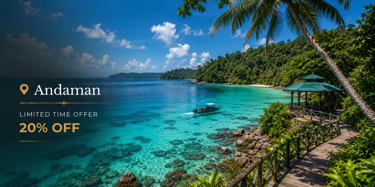 Andaman tropical island landscape featuring crystal-clear turquoise waters, lush green coastline, wooden seaside gazebo, and scenic beach paradise views