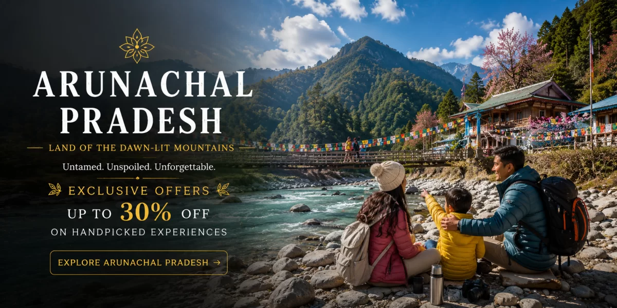 Family enjoying riverside landscape with turquoise mountain river, suspension bridge, colorful prayer flags, and lush green valleys in scenic Arunachal Pradesh during a peaceful Himalayan holiday experience.