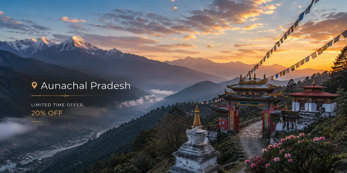 Arunachal Pradesh mountain landscape with Buddhist monastery, colorful prayer flags, misty valleys, and Himalayan sunset views.