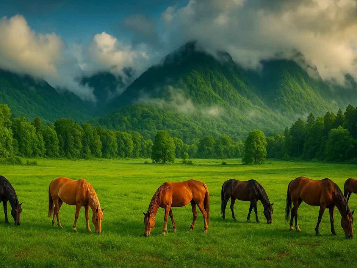 Herd of horses grazing in Aru Valley Pahalgam during cloudy day, featuring lush green meadows pine forests and misty mountains, perfect adventure experience Kashmir tour packages.