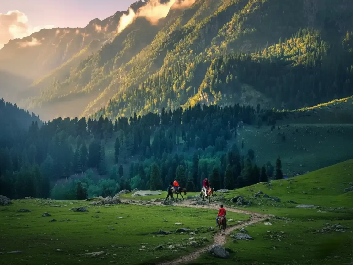 Horse riders in Aru Valley Pahalgam at sunset, featuring green meadows pine forests and misty Himalayan mountains, perfect adventure experience Kashmir tour packages.