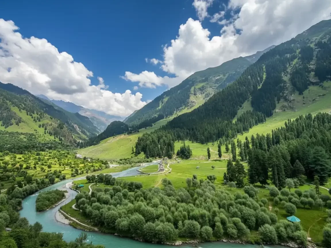 Lush green valley and Lidder River in Aru Valley Pahalgam during sunny day, featuring pine forests meadows and Himalayan mountains, perfect adventure experience Kashmir tour packages.