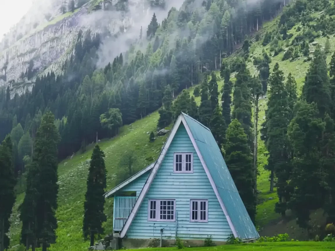 Swiss-style cottage in Aru Valley Pahalgam during misty morning, featuring pine forests green meadows and Himalayan mountains, perfect romantic experience Kashmir tour packages.
