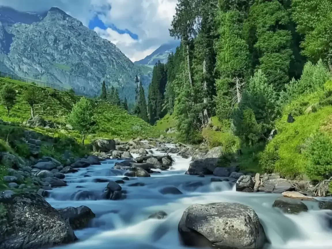Turquoise river flowing through Aru Valley Pahalgam during cloudy day, featuring pine forests green meadows and Himalayan mountains, perfect adventure experience Kashmir tour packages.