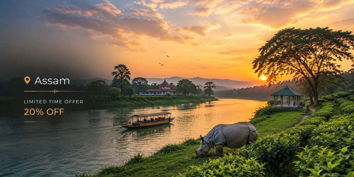 Assam riverside sunset landscape featuring one-horned rhinoceros, Brahmaputra River cruise boat, lush tea gardens, and serene nature views.