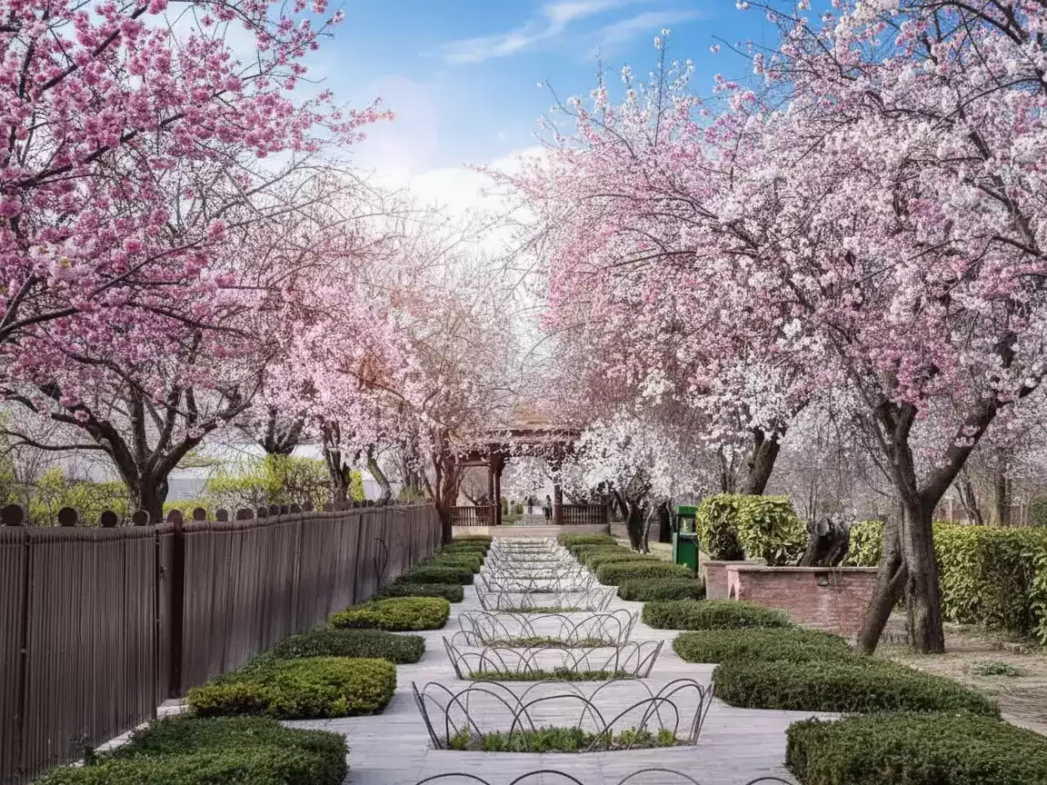 Badamwari Srinagar almond blossom avenue central pavilion landscaped path hedges featured in Kashmir tour packages