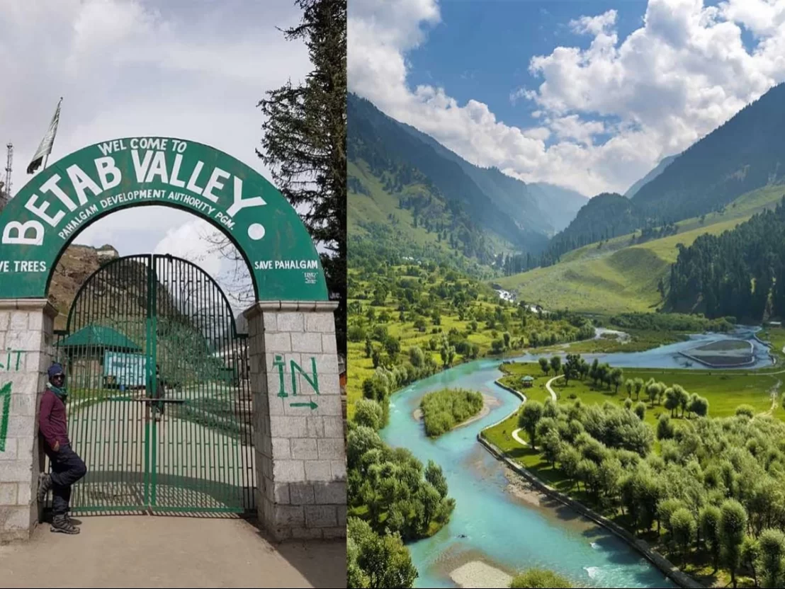 Welcome gate and Lidder River at Betaab Valley Pahalgam during sunny day, featuring pine forests meadows and mountains, perfect adventure experience Kashmir tour packages.