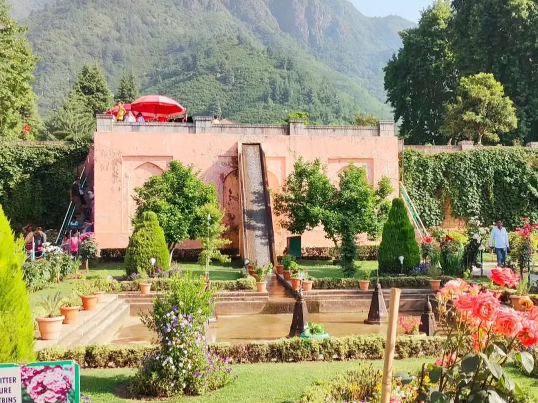 Chashme Shahi Gardens Srinagar Mughal pink pavilion water slide fountain Zabarwan mountains pine trees featured in Kashmir tour packages