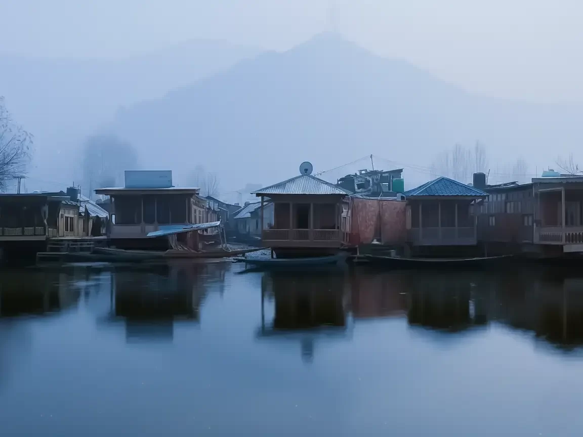 Houseboats shikara boats misty dawn Dal Lake Srinagar distant mountains perfect reflection featured in Kashmir Srinagar tour packages