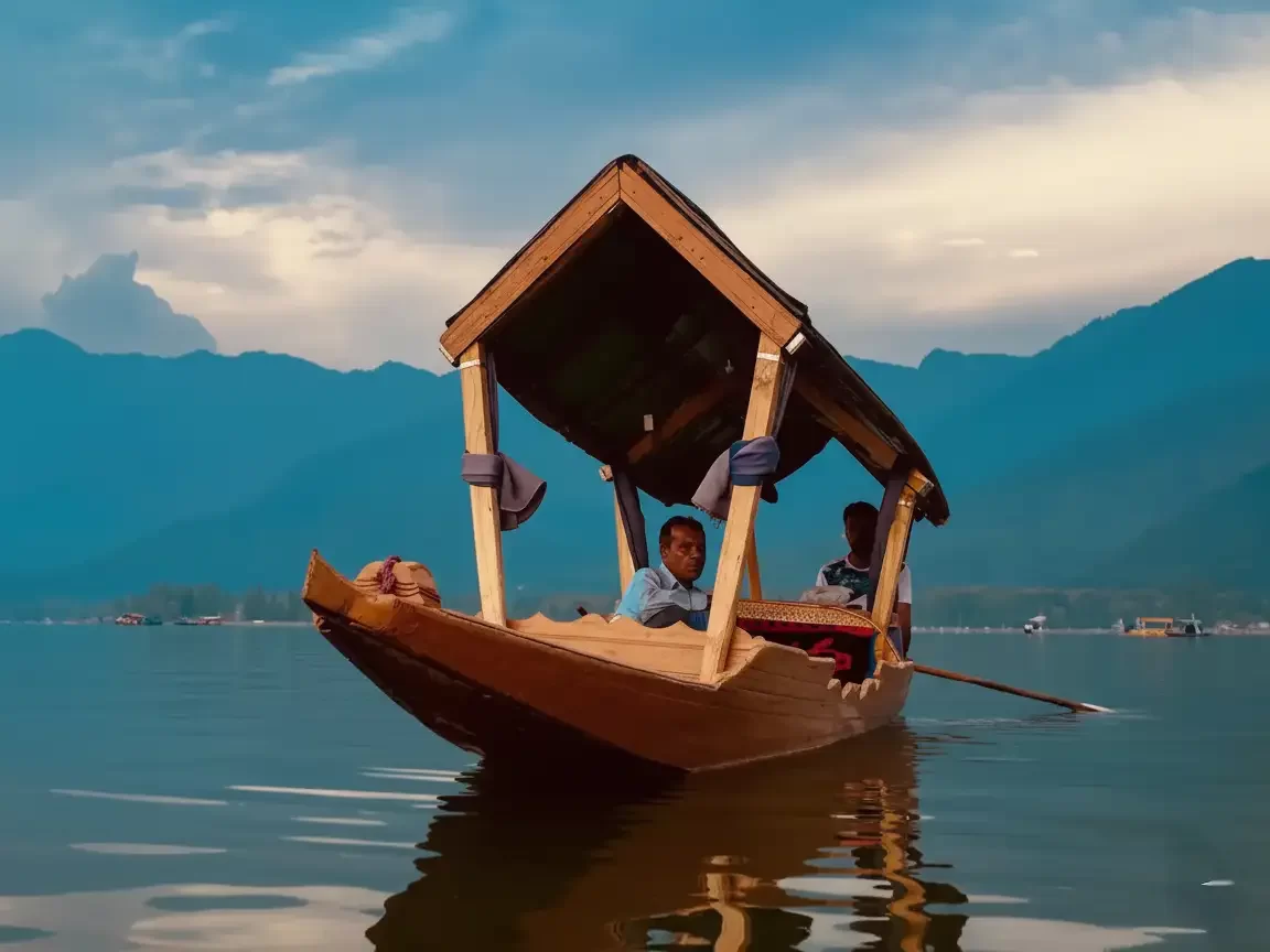 Shikara boat with passengers Zanskar mountains Dal Lake Srinagar clear sky reflection featured in Kashmir Srinagar tour packages