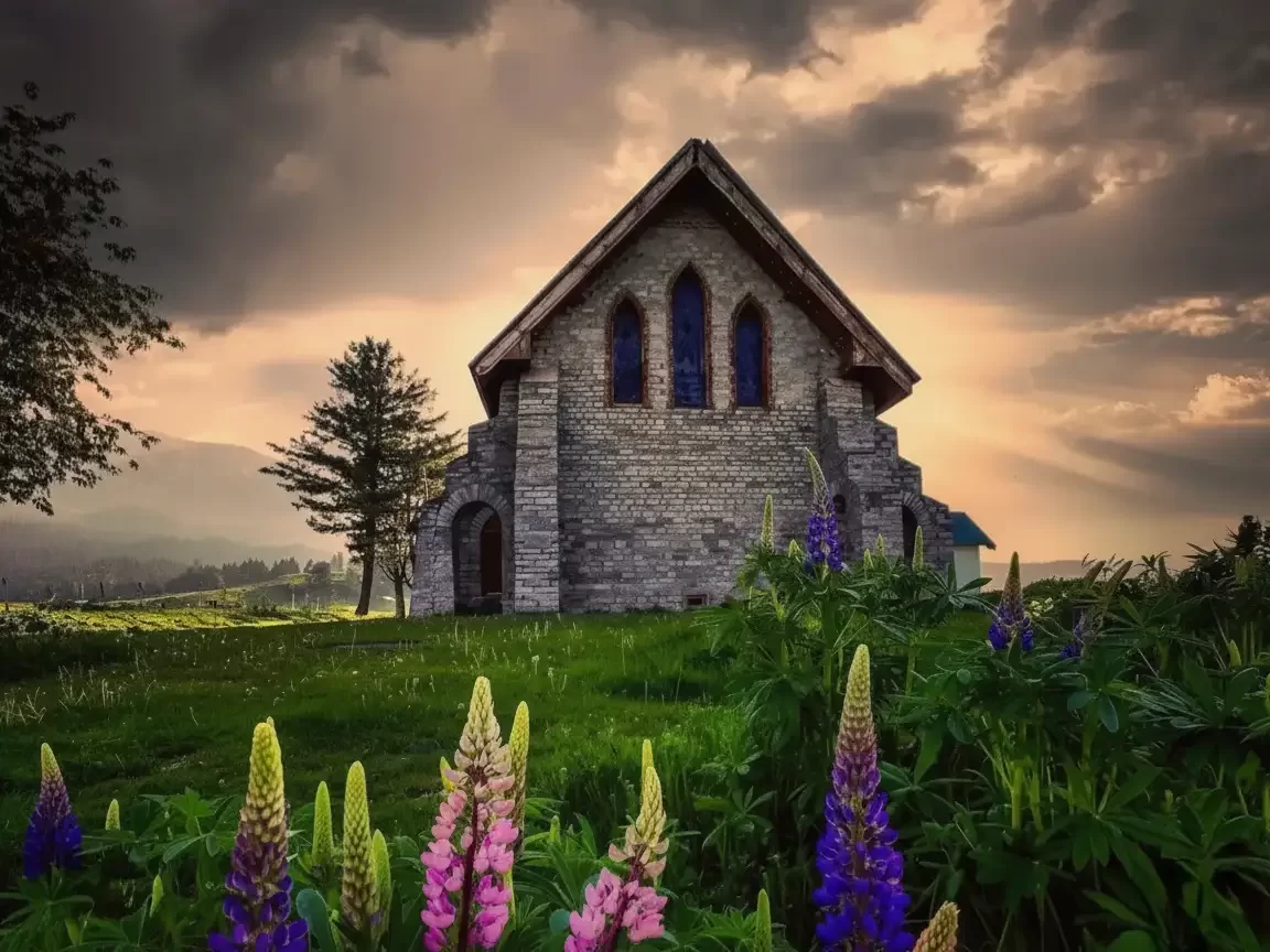Gulmarg Kashmir stone church gothic windows lupine flowers purple pink yellow green grass pine trees mountains sunset clouds rays, perfect St Mary's floral heritage tour package.