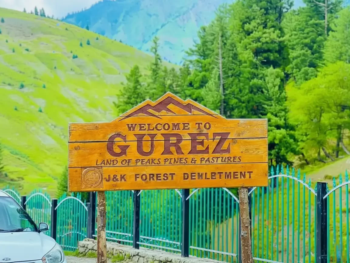 Welcome to Gurez signboard at Gurez Valley during misty weather, featuring pine-covered mountains and green pastures, perfect adventure experience Gurez tour package. 