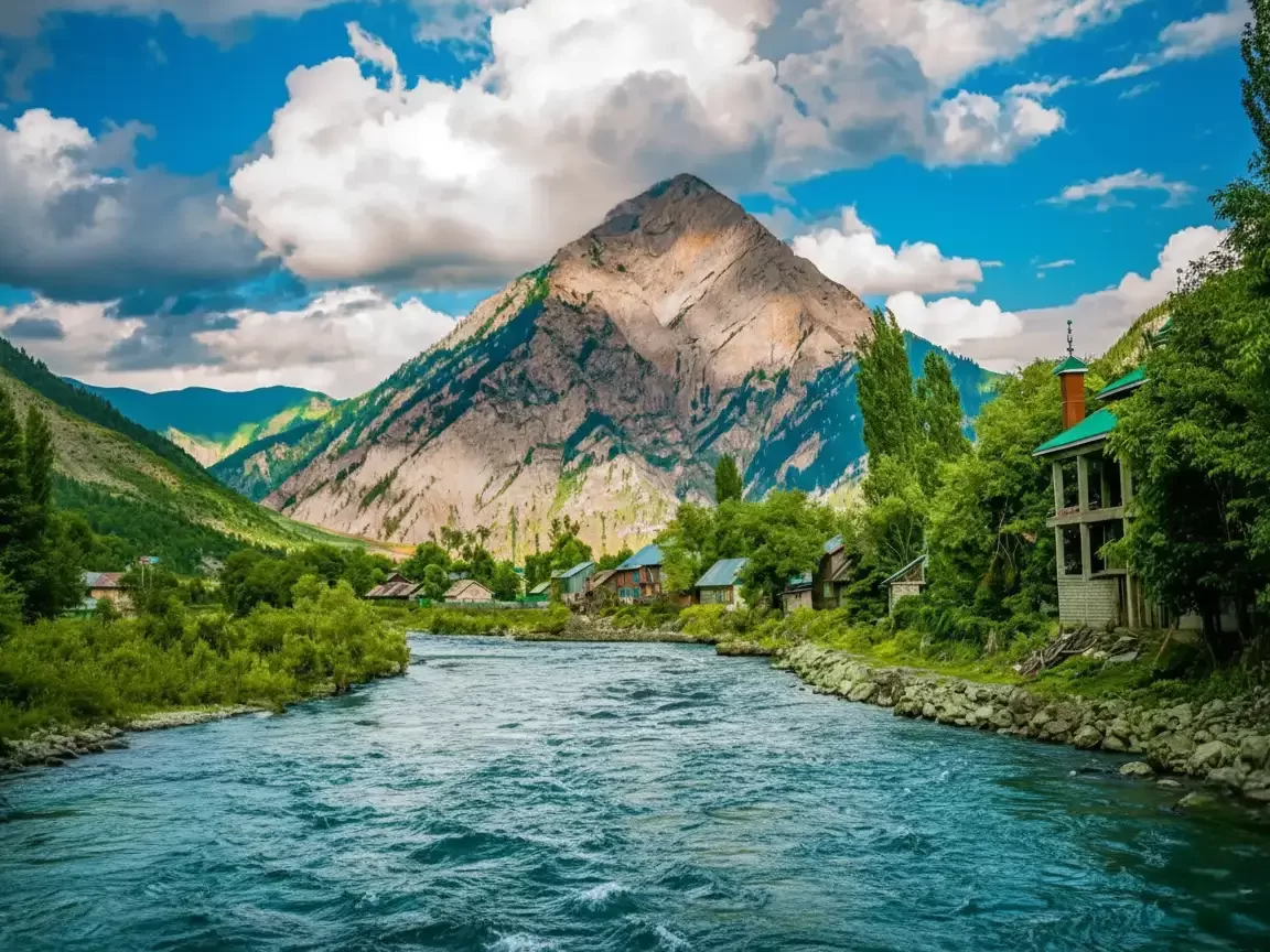 Kishanganga River Gurez Valley sunny day, featuring turquoise waters wooden houses poplar trees Habba Khatoon peak mountains, perfect adventure experience Srinagar tour packages.