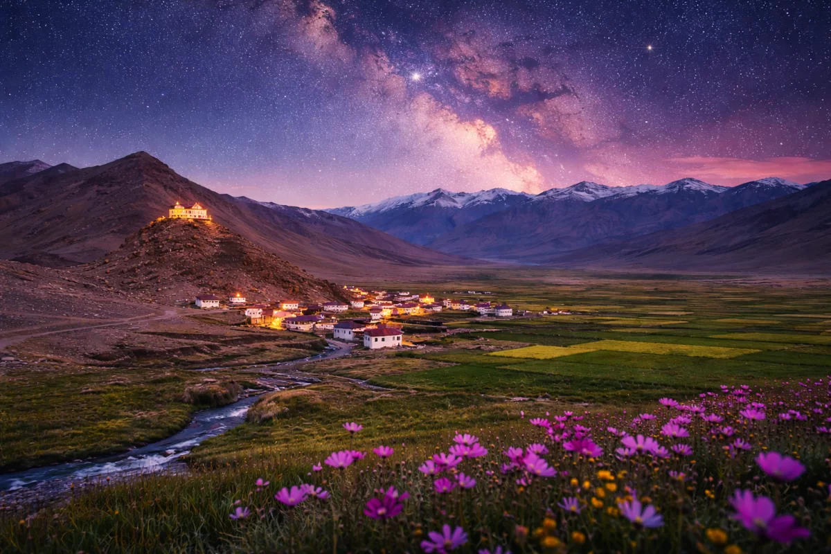 A stunning view of the Milky Way galaxy over Hanle village in a Hanle tour package, featuring a brightly lit monastery on a hilltop, glowing village houses, a winding stream, and purple wildflowers under a star-filled night sky.